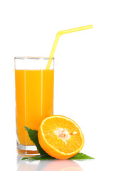 Orange juice in glass and orange isolated on white