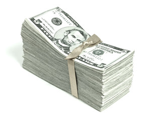 Stack of United States Currency Tied in a Ribbon - Fives