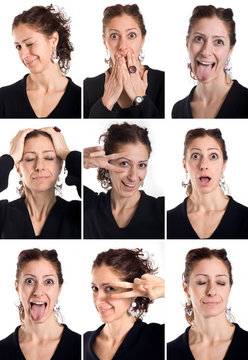 Collage of woman different facial expressions.