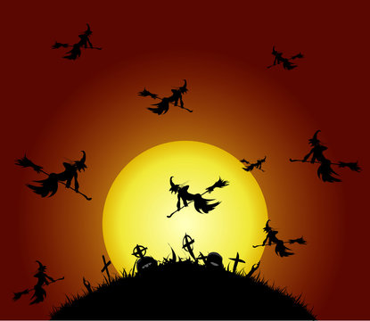 Witches fly on the cemetery, vector