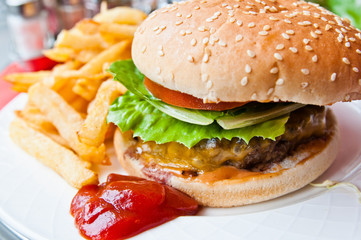 American cheese burger with fresh salad
