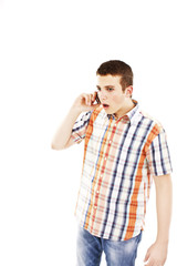 Man surprised on the phone on a white background