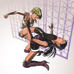 Two Girls Fight.Comic Art