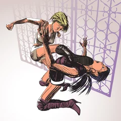 Foto op Plexiglas Strips Twee meisjes vechten. Stripkunst