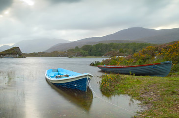 Fototapeta na wymiar Boats on lake in Killarney National Park, Co. Kerry - Ireland