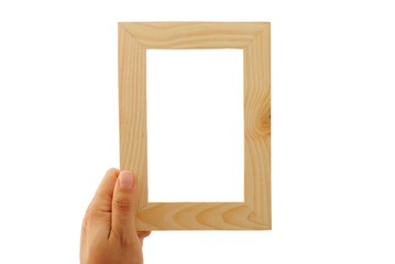 woman hand holding blank wooden portrait on white background