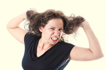 young woman is furious about her hair