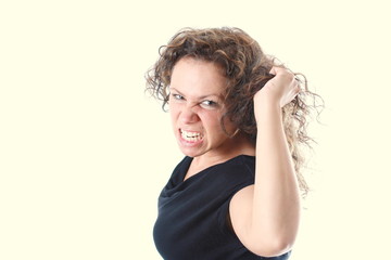 young woman is furious about her hair