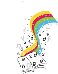 open book with letters and rainbow