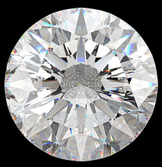 Gemstone: top view of round diamond isolated