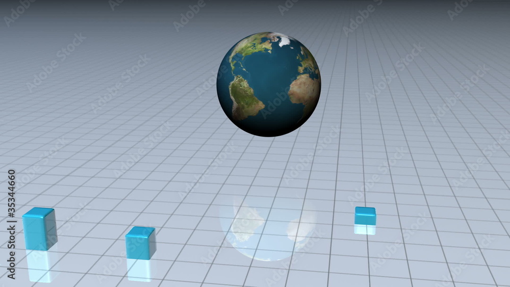 Poster blue bar graph with a world globe
