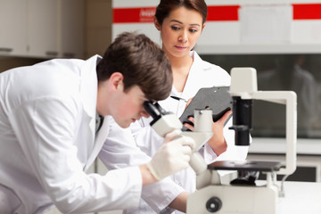 Science student looking in a microscope while his classmate is w