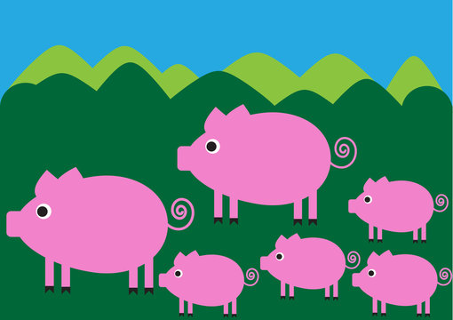 funny illustration of pig family walking in the country