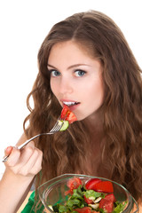 Portrait of young smile beautiful woman eating vegetable salad