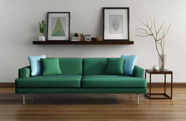 Modern interior, green sofa, frames table on wood floor