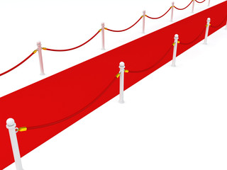 Red carpet with rope barriers on white background