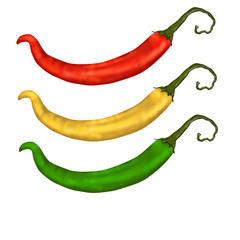 Green, yellow and red hot chili peppers