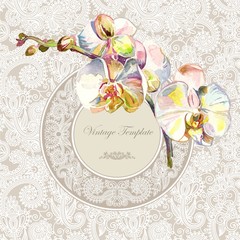 vintage template with watercolor orchid flower