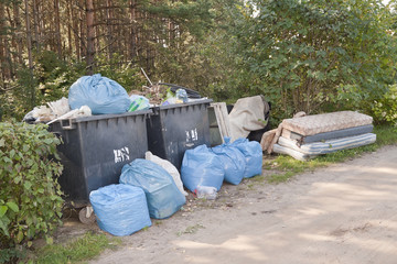 Heaps of garbage and household waste in  forest