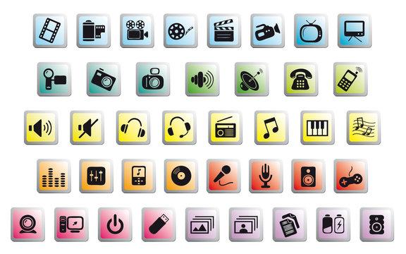 icone comunicazione media su pulsanti web colorati