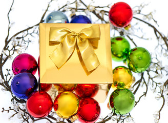 colorful christmas decoration. golden gift and balls