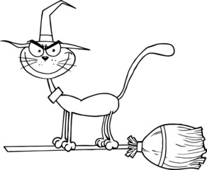 Outlined Cat Which Fly A Broom