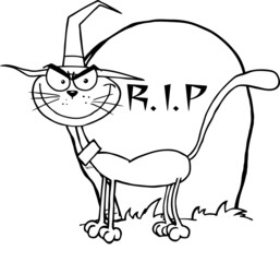 Outlined Halloween Witch Cat By A Tombstone