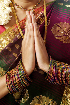 Indian traditional woman hands positioned as in prayer