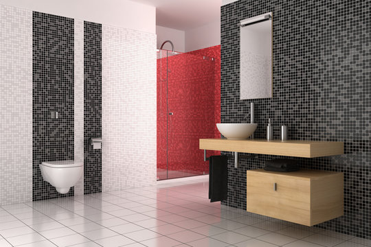 modern bathroom with black, red and white tiles