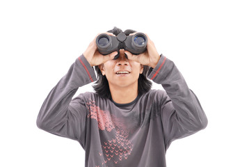 Guy Smiling While Looking Up with Binoculars