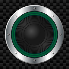 Green speaker over carbon fiber pattern