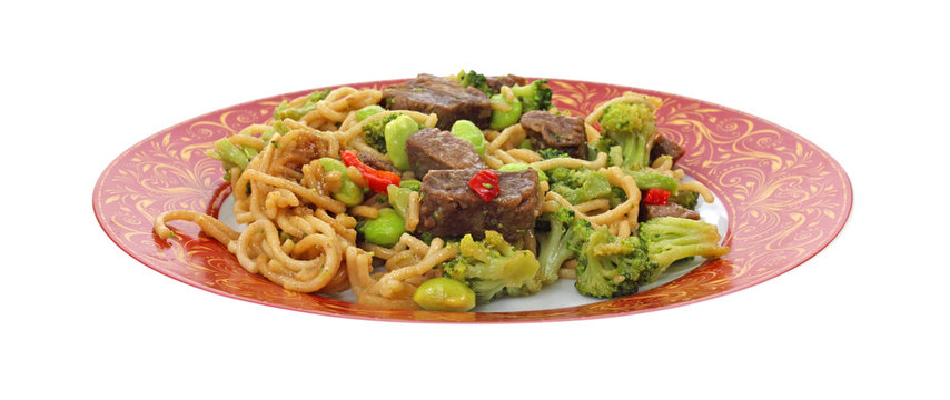 Noodles beef and vegetables meal