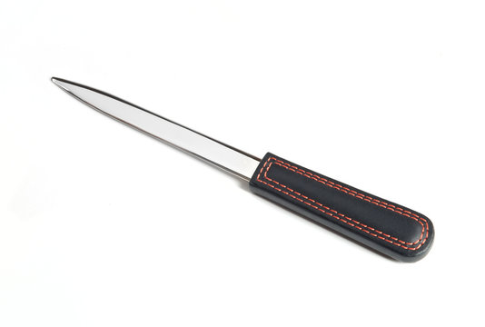 Letter opener knife with leather handle on white background