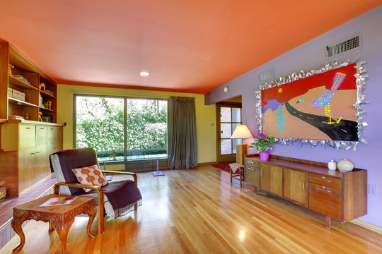 Retro bright living room with purple wall