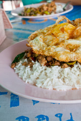 Basil pork fried rice, fried egg