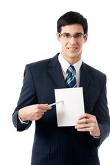 Businessman showing signboard with copyspase