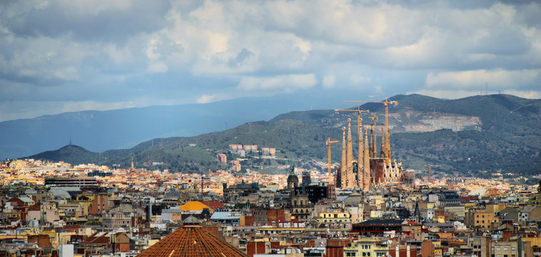 panorama of barcelona, rain, cathedral sagrada familia, spain