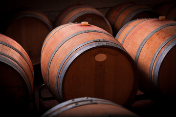 Wine barrels in an aging cellar of Ribera del Duero, Spain