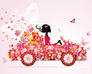 Photo sur Aluminium Femme fleurs fille sur une voiture rouge avec des cadeaux floraux