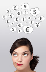 Young girl head looking at business icons and images