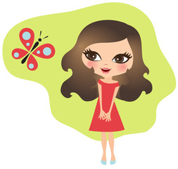 Cute little girl watching a red butterfly