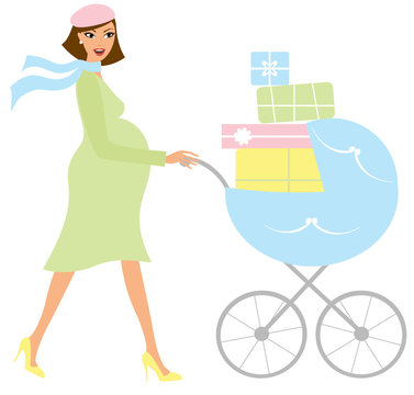 Young attractive pregnant woman with a stroller