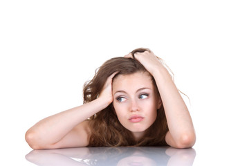 portrait of beautiful young woman think sad looking up