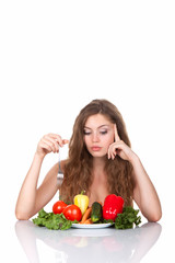 young smile beautiful woman eating raw vegetables salad