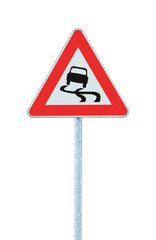 Slippery when wet road sign isolated signpost traffic signage