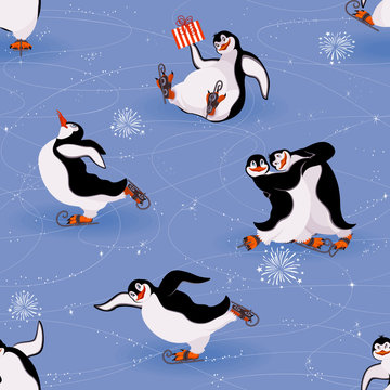 Penguins skating seamless pattern