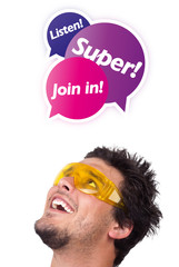 Young head looking at internet type of icons