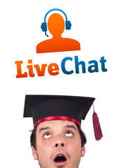 Young head looking at support contact type of icons and signs