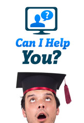 Young head looking at support contact type of icons and signs