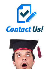 Young head looking at support contact type of icons and signs